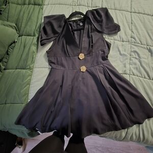 Black Short Sleeve Fit-and-Flare Dress with Gold Rose Buttons